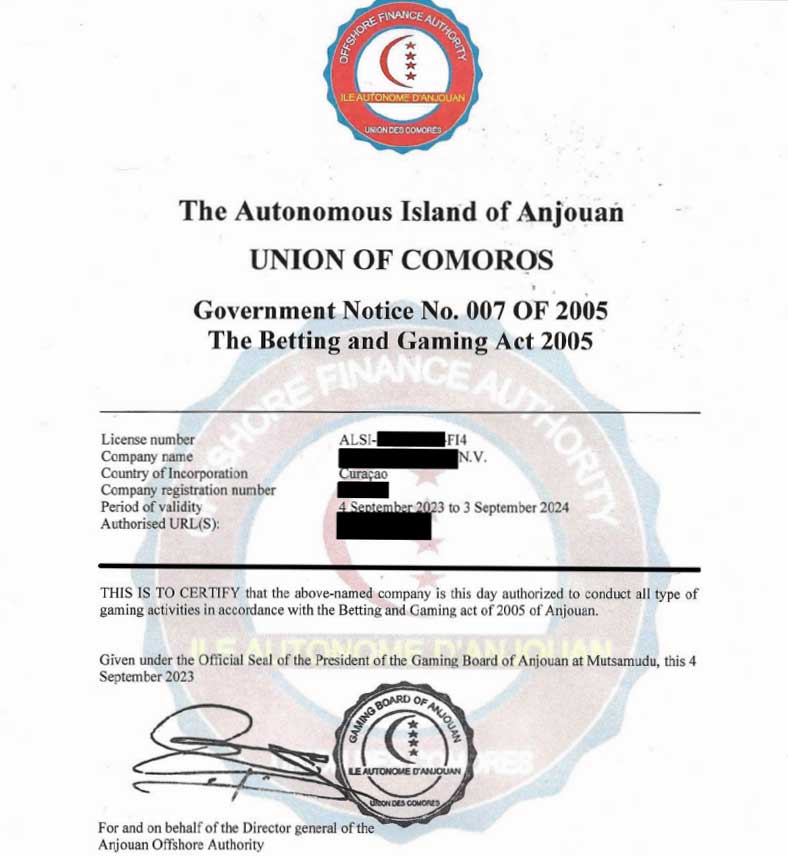 Anjouan license certificate
